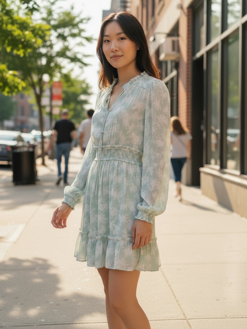 Blu Pepper Mint Green White Ruffle Trim Smocked Waistband A-Line Tiered Dress